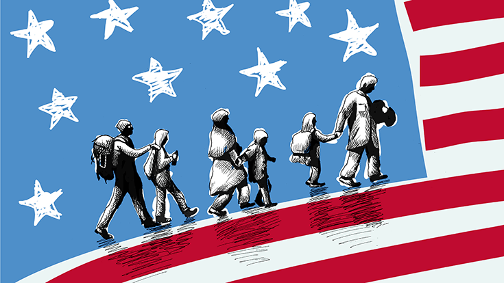 An illustration of families walking in front of a backdrop of the American flag.